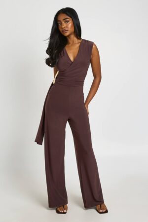 boohoo Dam Mjuk Jumpsuit Med Draperad Front Och Vida Ben | Chocolate | Storlek 44