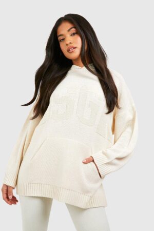 boohoo Dam Petite Dsgn Stickad Hoodie | Cream | Storlek 34