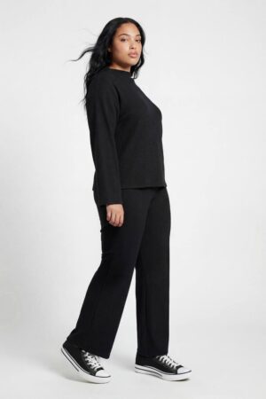 boohoo Dam Plus Borstad Ribbstickad Set Med Höghalsat OverStorlekd-topp & Byxor | Black | Storlek 48