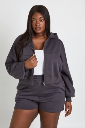 boohoo Dam Plus Huvtröja Med Ballongärmar Och Dragkedja | Charcoal | Storlek 48