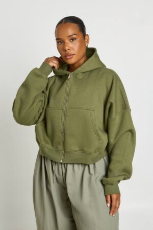 boohoo Dam Plus Huvtröja Med Ballongärmar Och Dragkedja | Olive | Storlek 48