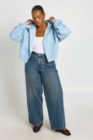 boohoo Dam Plus Huvtröja Med Ballongärmar Och Dragkedja | Powder Blue | Storlek 48