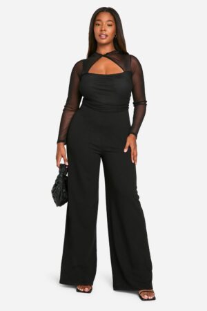 boohoo Dam Plus Jumpsuit i mesh med vida ben | Black | Storlek 56