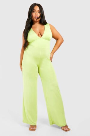 boohoo Dam Plus Slinky Djup Utringad Vidbyxad Jumpsuit | Lime | Storlek 46