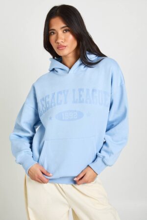 boohoo Dam Sliten Grafisk OverStorlekd Hoodie Med Tryck | Light Blue | Storlek Medium