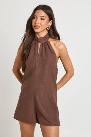 boohoo Dam Texturerad Jumpsuit Med Hög Halsringning | Chocolate | Storlek 44