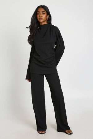 boohoo Dam Texturerad Jumpsuit Med Slashringning Och Midjemarkering | Black | Storlek 44