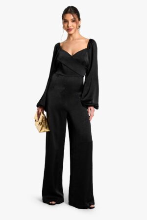 boohoo Dam Texturerad satäng-omslutande jumpsuit | Black | Storlek 38