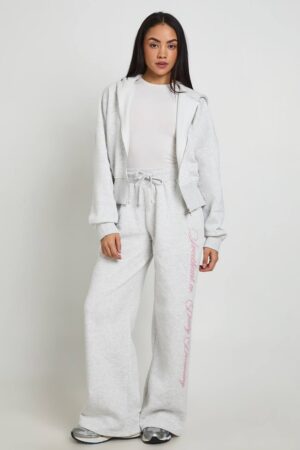 boohoo Dam Träningsoverall Med Hjärtmönster - Figurnära Huvtröja Med Dragkedja Och Joggingbyxor | Ash Grey | Storlek Medium