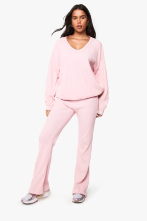 boohoo Dam Waffle V-neck Löst Stickad Tröja och Utsvängda Joggers Tracksuit | Light Pink | Storlek Medium