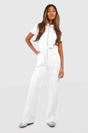 boohoo Dam Zip Up Cargo Denim Wide Leg Jumpsuit | Ecru | Storlek 38