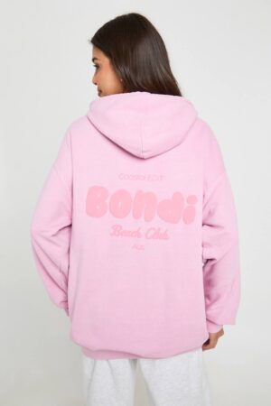 boohoo Dam Bondi Tryckt OverStorlekd Hoodie | Light Pink | Storlek Medium