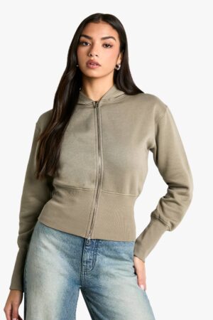 boohoo Dam Croppad hoodie med djup fåll och dragkedja | Washed Khaki | Storlek Small