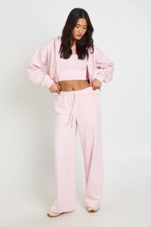 boohoo Dam Djup-fållad Crop Top 3-delad Huvtröja Träningsoverall | Light Pink | Storlek XL