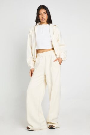 boohoo Dam Höga joggers med pintuckdetaljer och raka ben | Ecru | Storlek Medium