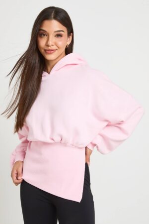 boohoo Dam Hoodie Med Djupt Delad Fåll Och Ballongärmar | Rosa | Storlek Medium