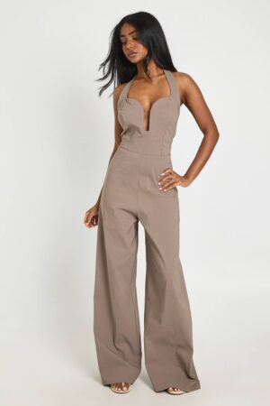 boohoo Dam Jumpsuit Med Hjärtformad Halsringning Och Vida Ben | Mocha | Storlek 44