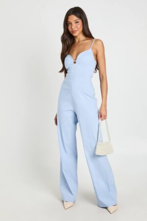 boohoo Dam Jumpsuit Med Hjärtformad Urringning Och Vida Ben | Pastel Blue | Storlek 44