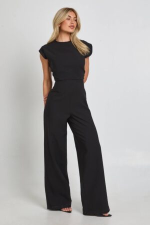 boohoo Dam Jumpsuit Med Rynkad Midja Och Vida Ben | Svart | Storlek 44