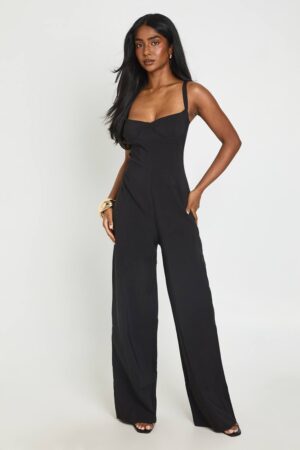 boohoo Dam Jumpsuit Med Söm-detaljer, Bygel Och Vida Ben | Black | Storlek 44
