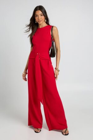 boohoo Dam Jumpsuit Med Vida Ben, Skärp Och Gulddetaljer | Rödorange | Storlek 42