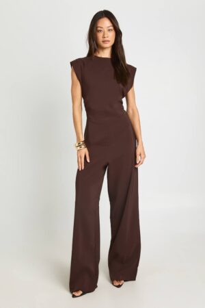 boohoo Dam Lång Jumpsuit Med Rynkad Midja Och Vida Ben | Choklad | Storlek 46