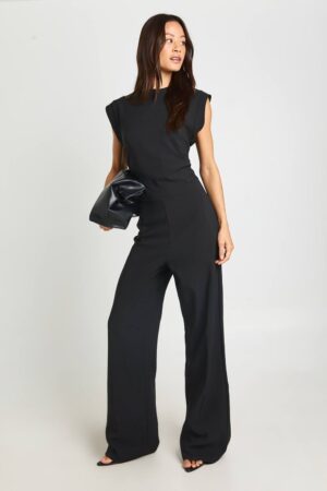 boohoo Dam Lång Jumpsuit Med Rynkad Midja Och Vida Ben | Svart | Storlek 46