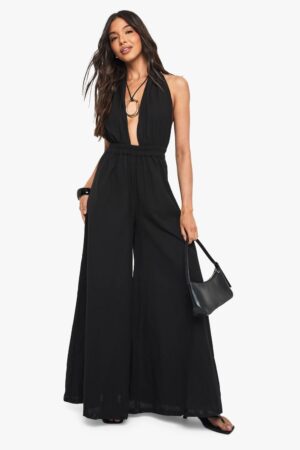 boohoo Dam Linne-look jumpsuit med halterneck och djup urringning | Black | Storlek 40