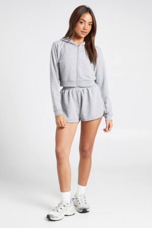 boohoo Dam Loopback Super Cropped Huvtröja | Ash Grey | Storlek Medium