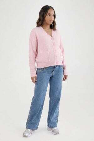 boohoo Dam Mammakläder Mjukstickad Kofta Med Fickor Och V-ringning | Rosa | Storlek 44