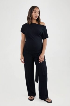 boohoo Dam Mammakläder Slouchy Off Shoulder Topp & Vida Byxor Med Knytmidja | Svart | Storlek 44