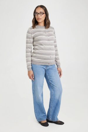 boohoo Dam Mammakläder Superlen Randig Stickad Cardigan Med Rund Hals | Grå | Storlek 44