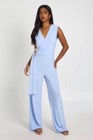 boohoo Dam Mjuk Jumpsuit Med Draperad Front Och Vida Ben | Pastel Blue | Storlek 44