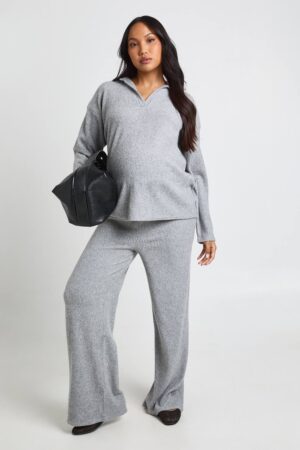 boohoo Dam Mjukt Ribbat Loungeställ Med Krage För Gravida - Topp Och Byxor | Grey | Storlek 44