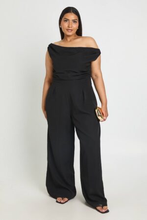 boohoo Dam Plus Draperad Bardot Jumpsuit Med Vida Ben | Svart | Storlek 48