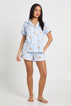 boohoo Dam Pyjamas Med Frukosttryck Kortärmad Skjorta & Shorts Set | Babyblå | Storlek 40