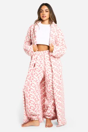 boohoo Dam Rosa leopard fleece maxi-morgonrock | Pink | Storlek Large