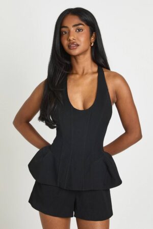 boohoo Dam Strukturerad Korsett Halsringad Jumpsuit | Svart | Storlek 44