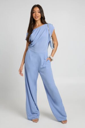 boohoo Dam Asymmetrisk Vävd Jumpsuit Med Vida Ben | Puderblå | Storlek 42