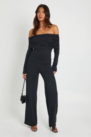 boohoo Dam Bardot Jumpsuit Med Lång Ärm Och Vida Ben | Svart | Storlek 44
