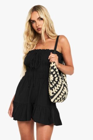 boohoo Dam Bomullsblandad rynkad jumpsuit | Svart | Storlek 38