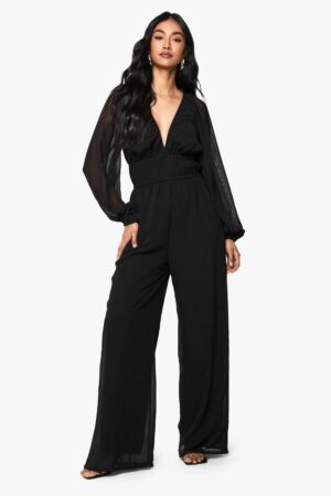 boohoo Dam Chiffon V-ringad rynkad jumpsuit med vida ben | Black | Storlek 36