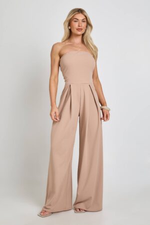 boohoo Dam Crepe Bandeau Jumpsuit Med Extremt Vida Ben | Kamel | Storlek 42