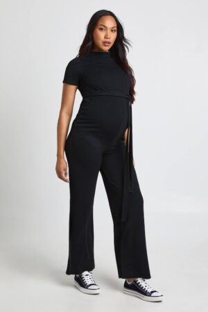 boohoo Dam Graviditets Ribbstickad Jumpsuit Med Knytmidja | Svart | Storlek 42