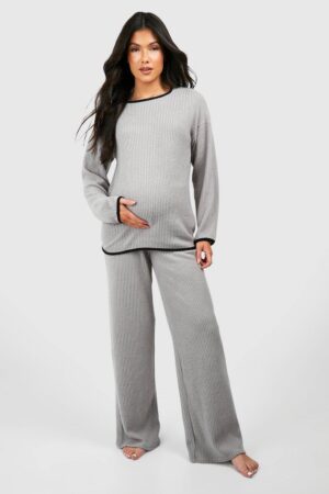 boohoo Dam Gravidkontrast - mjukt ribbat loungewearset | Grå | Storlek 42
