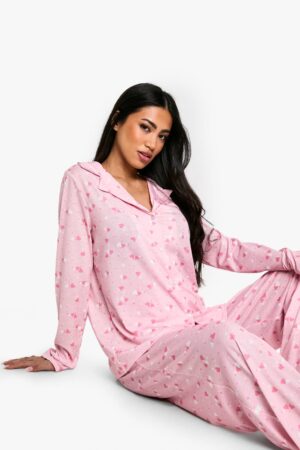 boohoo Dam Heart Print Långärmad Skjorta & Byxpysjamasset | Rosa | Storlek 38