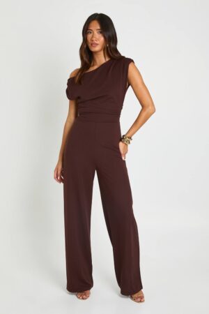 boohoo Dam Jersey Crepe Drape Shoulder Wide Leg Jumpsuit | Choklad | Storlek 44