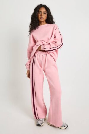 boohoo Dam Joggers med rät ben och randdetalj | Babyrosa | Storlek XS