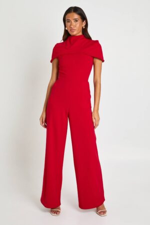 boohoo Dam Jumpsuit I Jersey Crepe Med Capadetalj Och Vida Ben | Röd | Storlek 44