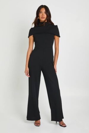 boohoo Dam Jumpsuit I Jersey Crepe Med Capadetalj Och Vida Ben | Svart | Storlek 44